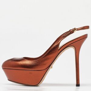 Sergio Rossi Metallic Brown Leather Cachet Peep Toe Platform Slingback Sandals